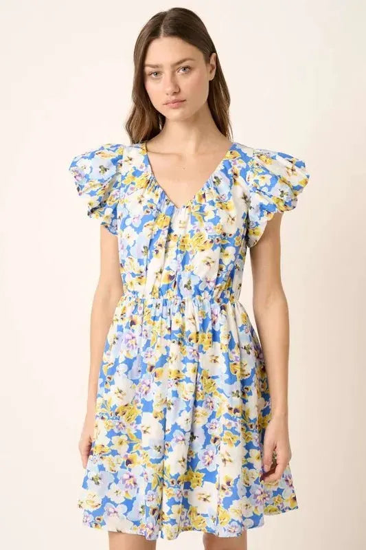 Mittoshop Floral V-Neck Cap Sleeve Mini Dress by Mittoshop