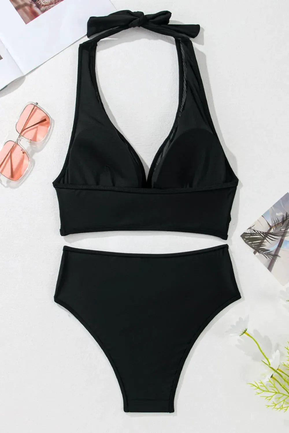 Sheer Mesh Edged Halter V Neck Push Up Bikini Set by Partner Label