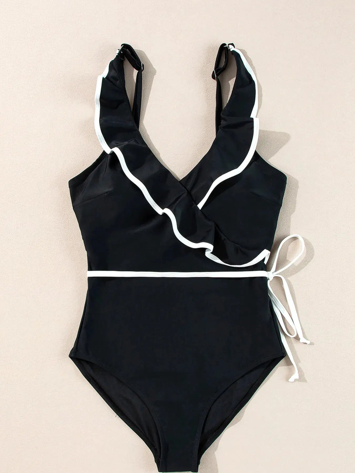 Ruffle Trim V-Neck One-Piece Swimsuit by Partner Label