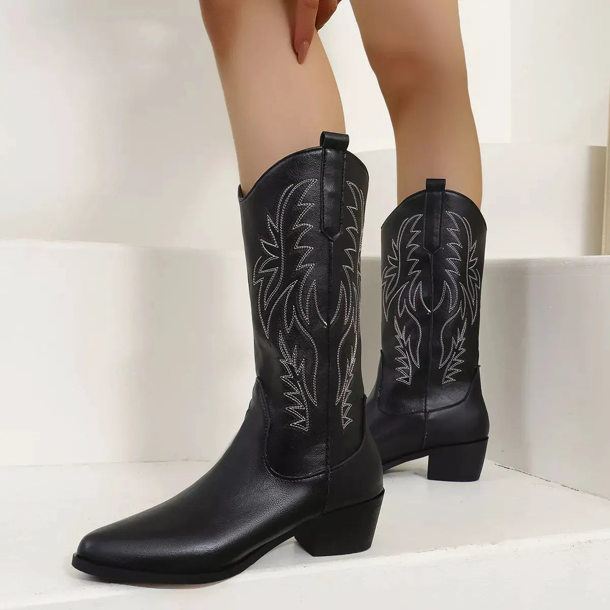 Embroidered Point Toe Block Heels Boots by Partner Label
