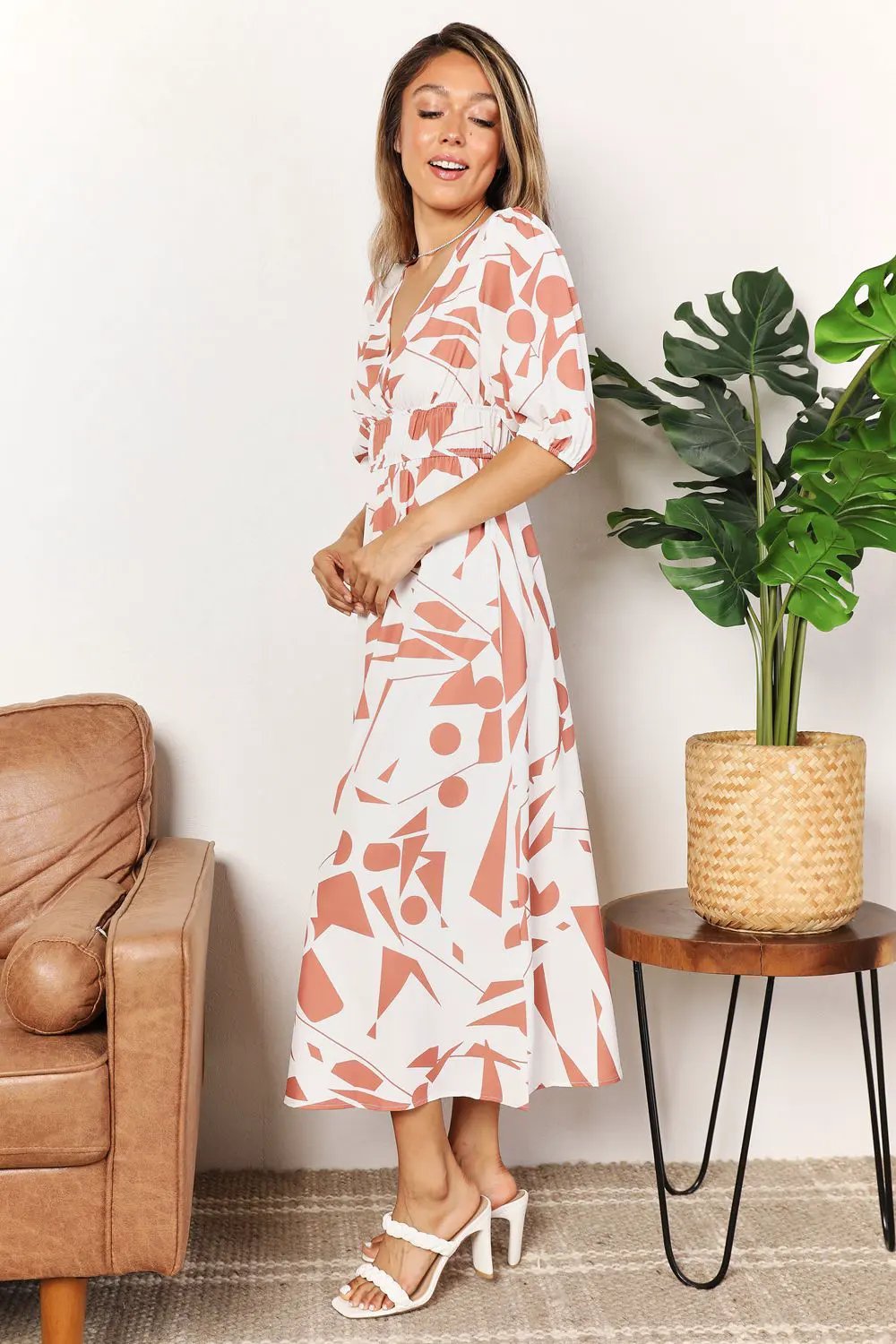 Printed Surplice Balloon Sleeve Dress by Partner Label