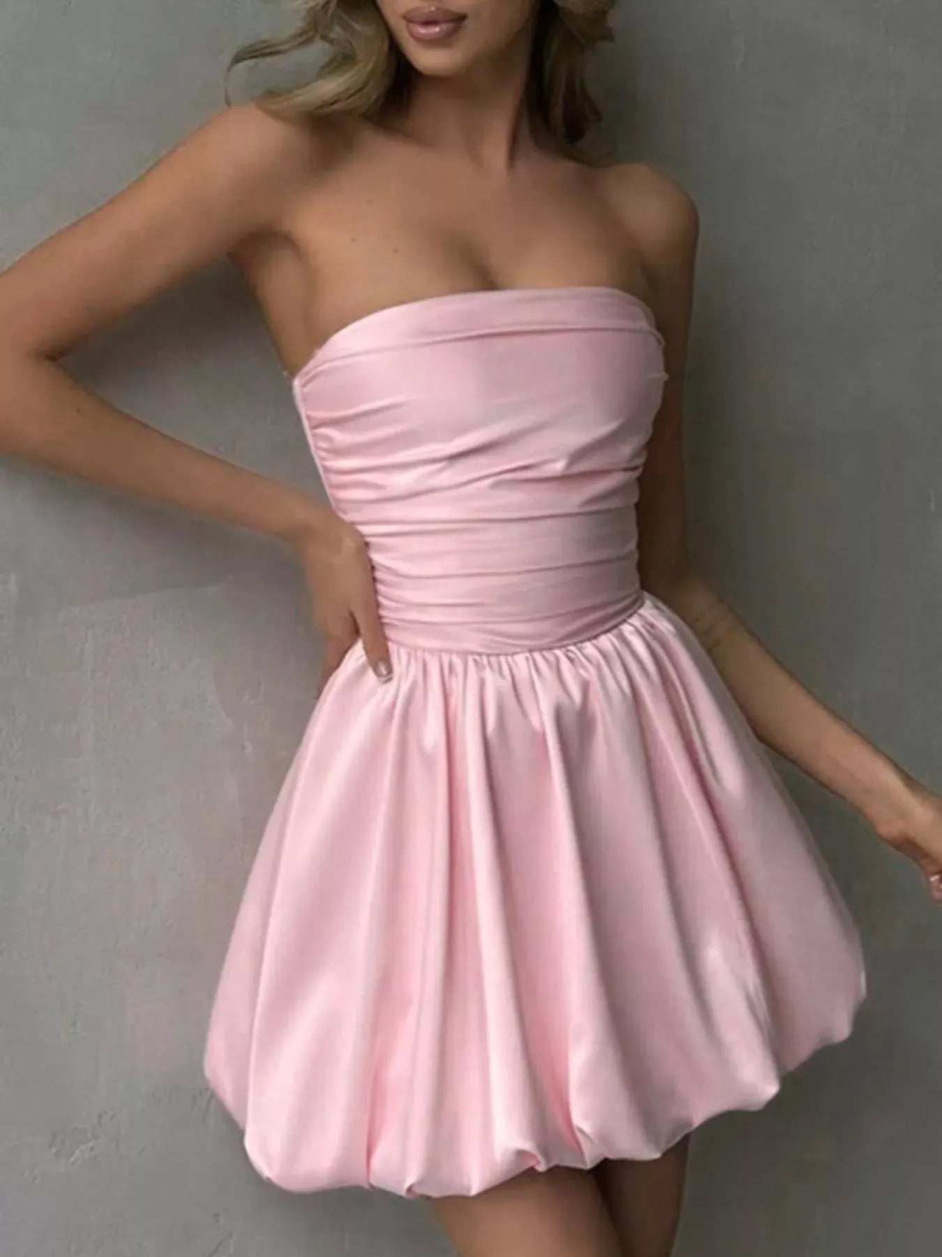 Strapless Ruched Mini Bubble Dress by Partner Label