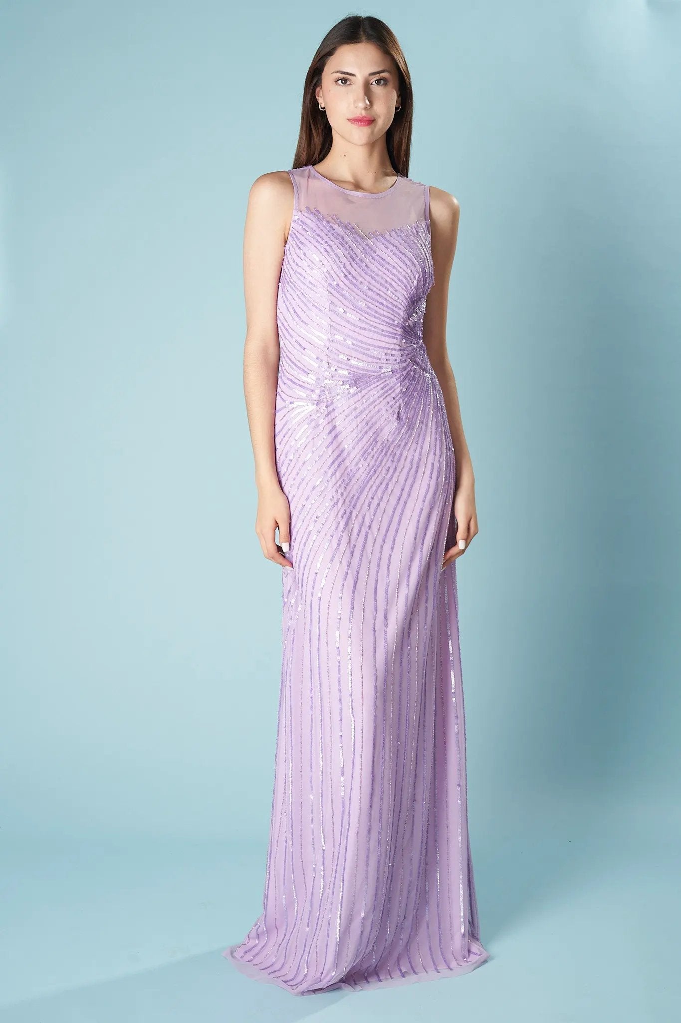 Adil Sequin Spiral Maxi Dress with Illusion Neckline and Slit by Ceylan Bcn