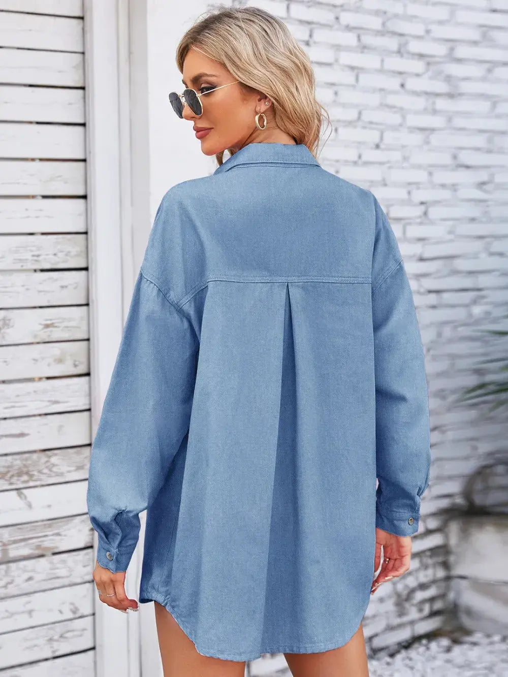 Pocketed Snap Down Dropped Shoulder Denim Shacket by Partner Label
