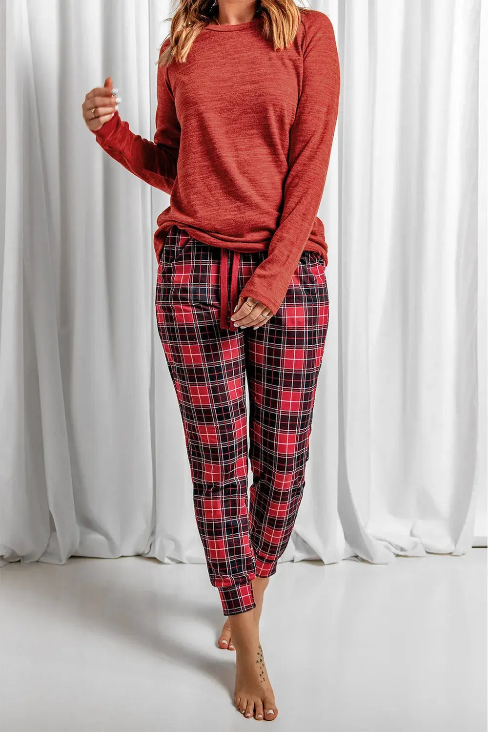 Round Neck Top and Drawstring Plaid Pants Lounge Set by Partner Label