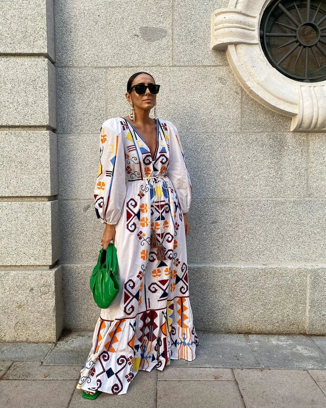 Women's V-Neck Long Sleeve Printed Boho Dress by Anybestbuy Store