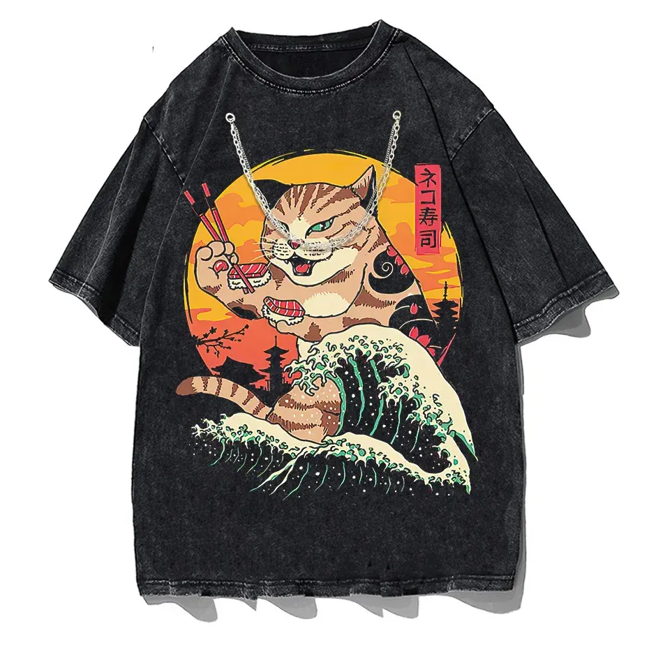 Japanese Genki Cat Anime Print Men's T-Shirt Casual O-Neck by Vimost Shop