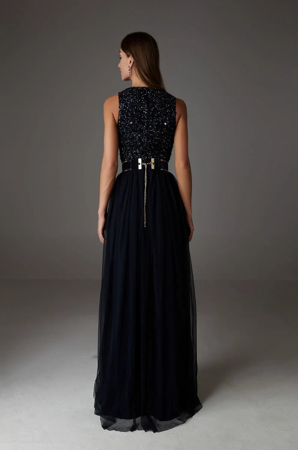 Iria Maxi Navy Embellished Evening Dress by Ceylan Bcn