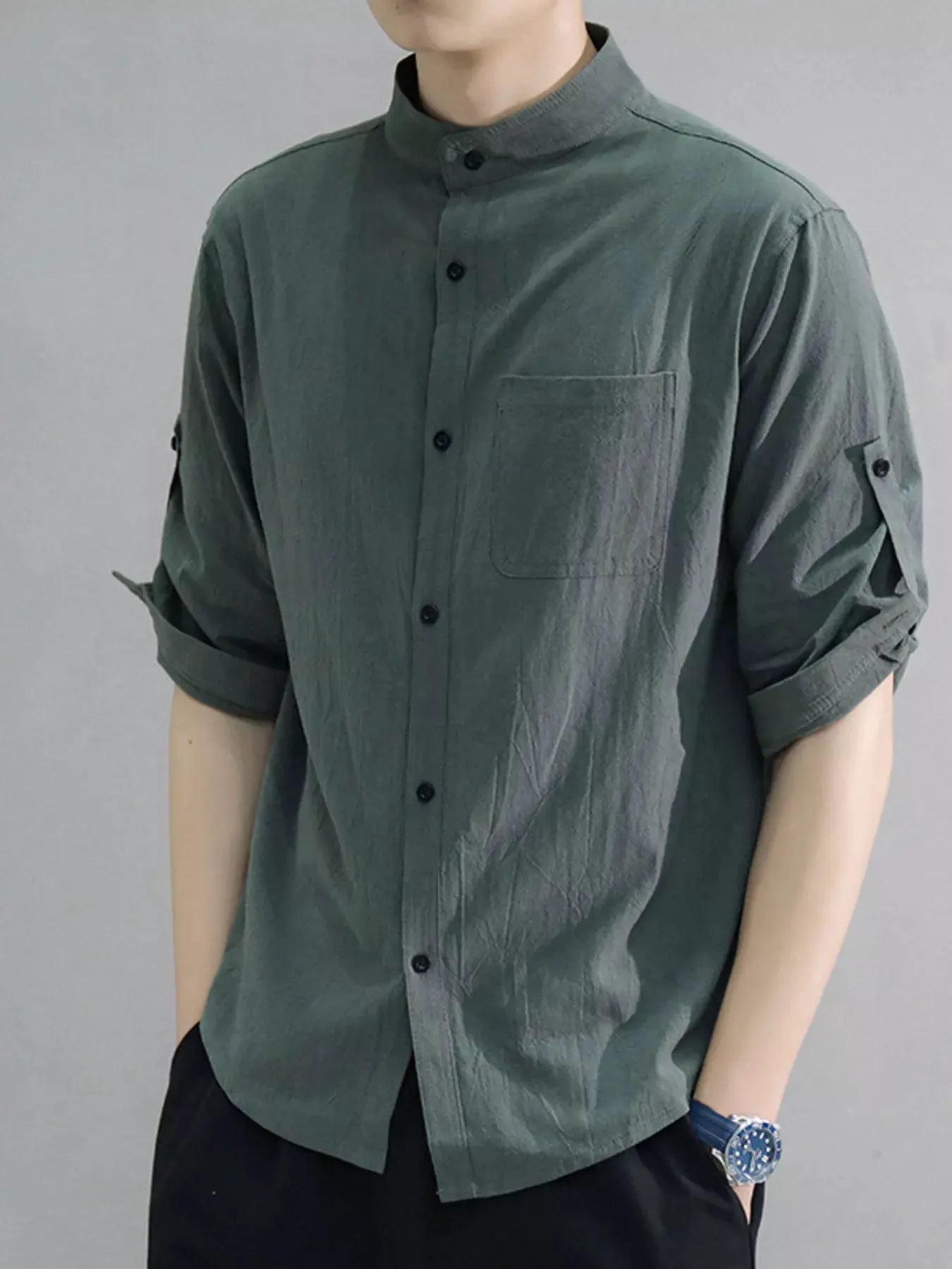 Men's Plus Size Button Up Roll-Up Sleeve Shirt by Trendsi