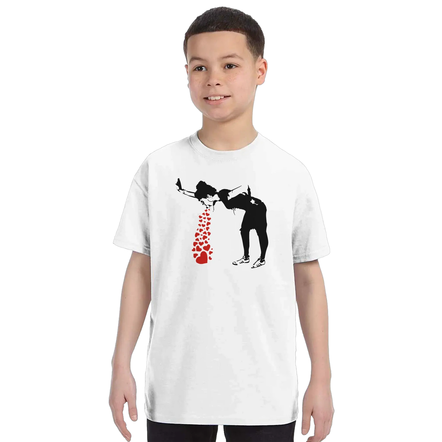 Banksy Lovesick Girl Throwing up Hearts artwork t-shirt by Art-O-Rama Shop