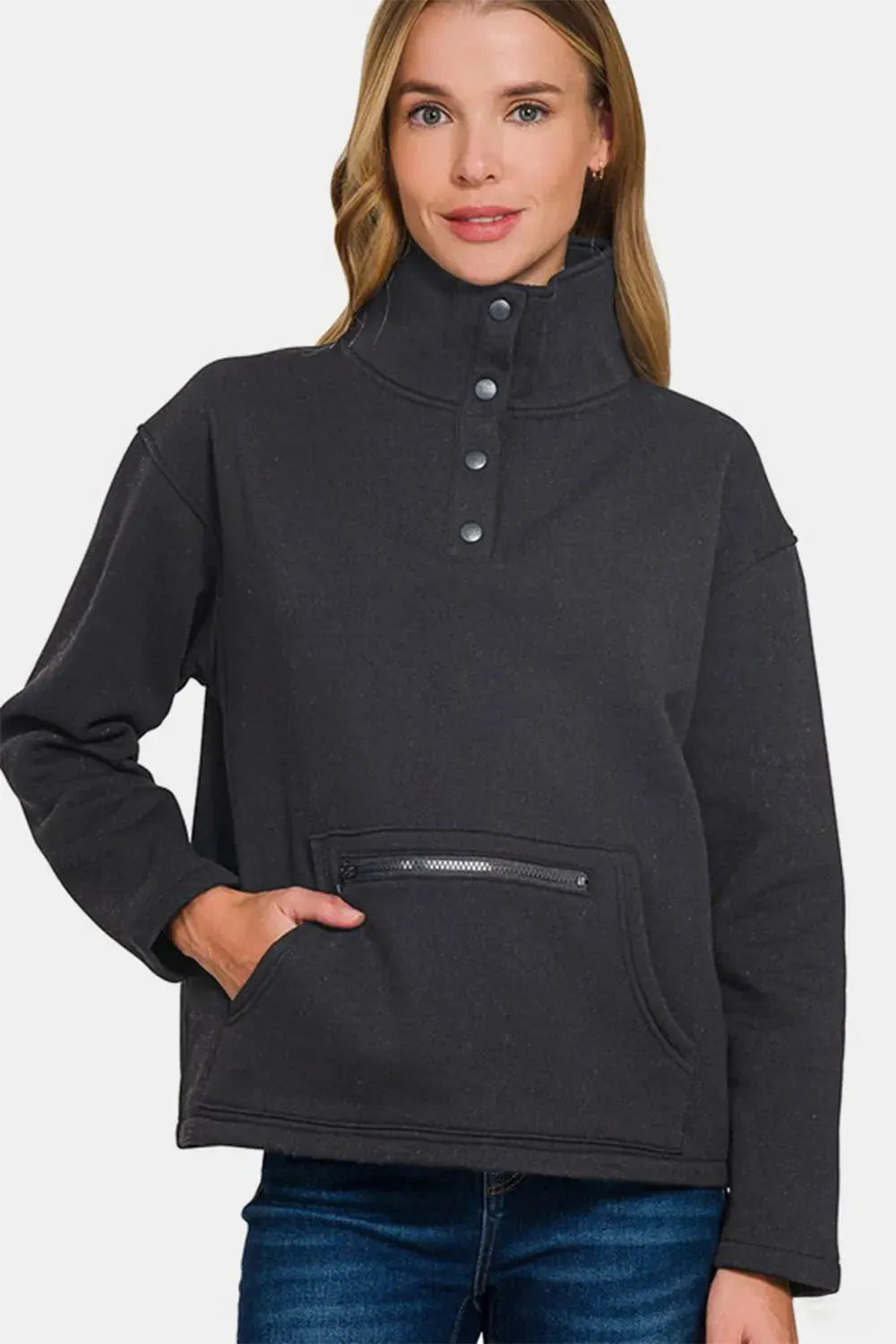 Zenana Turtleneck Half Snap Fleece Sweatshirt by Zenana