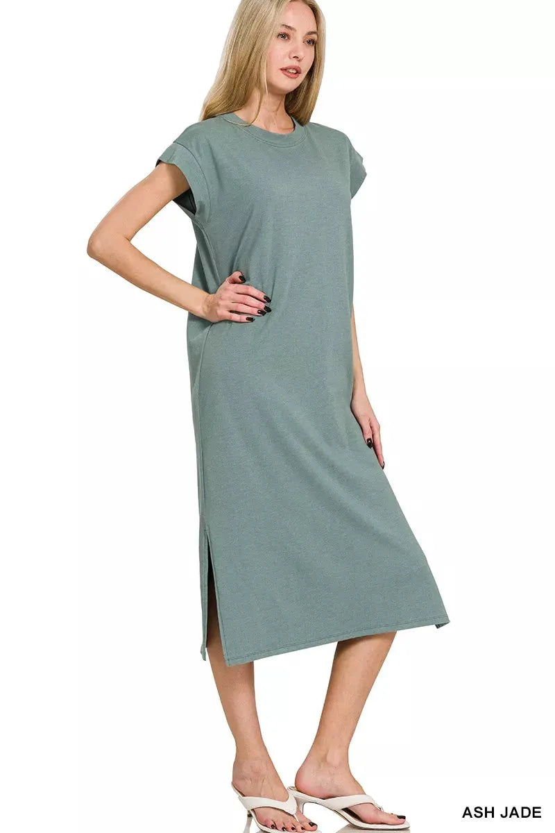 Zenana Round Neck Side Slit Midi Dress by Zenana