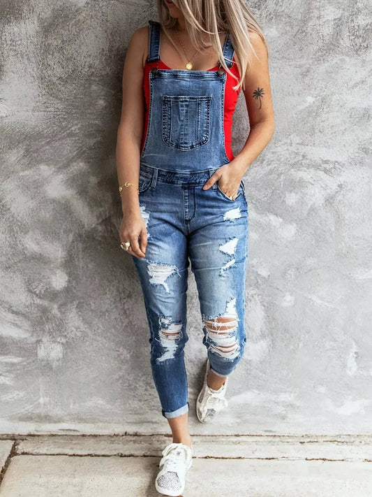 Wide Strap Distressed Denim Overalls by Partner Labels
