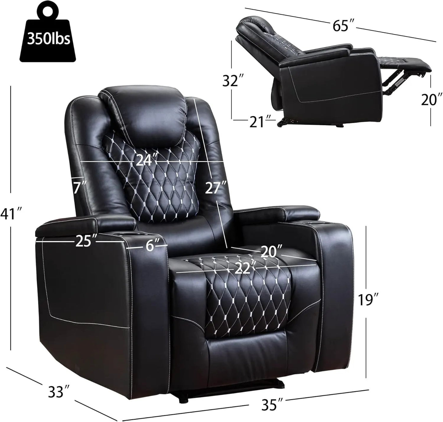 Power Recliner Chair Set of 3 – Black Leather with USB Ports & Cup Holders by Inland Leather