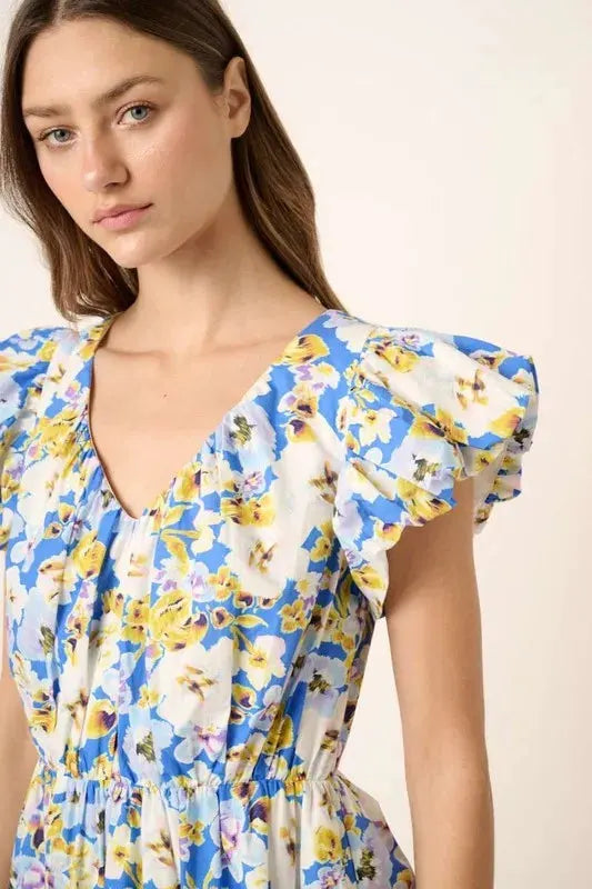 Mittoshop Floral V-Neck Cap Sleeve Mini Dress by Mittoshop