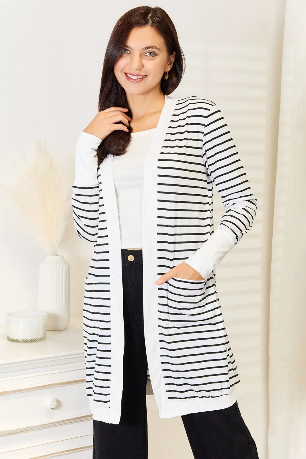 Double Take Striped Open Front Longline Cardigan by Double Take