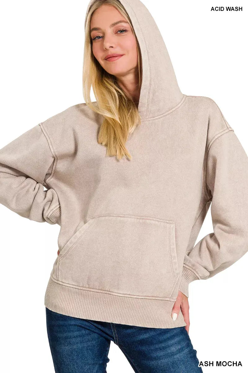 Zenana Fleece Acid Wash Kangaroo Pocket Hoodie by Zenana