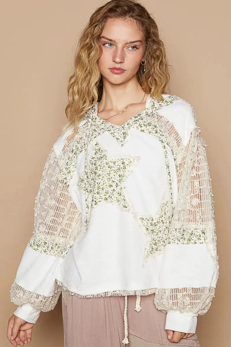 POL Star Patch Lace Contrast Long Sleeve Hooded Top by POL