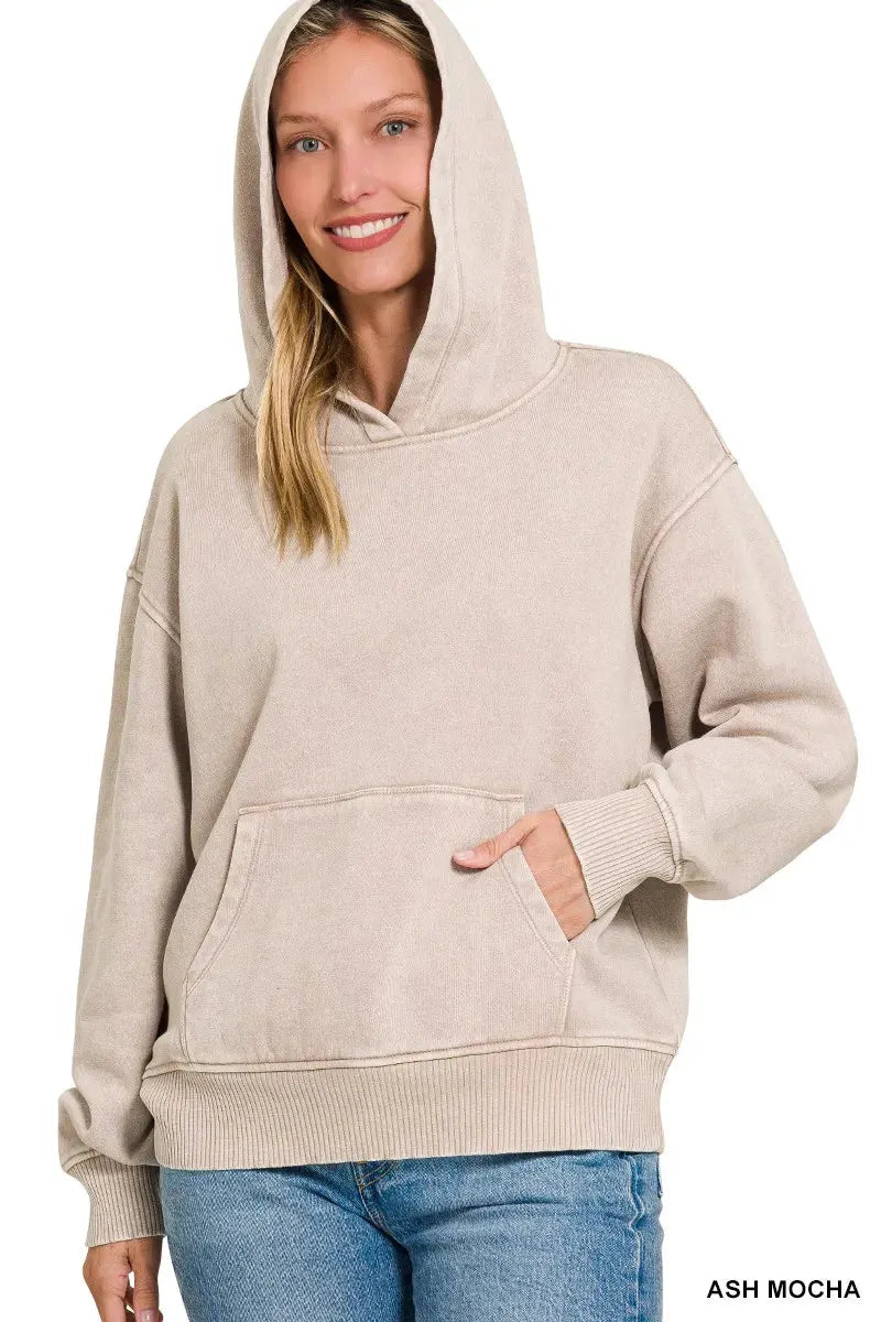 Zenana Fleece Acid Wash Kangaroo Pocket Hoodie by Zenana