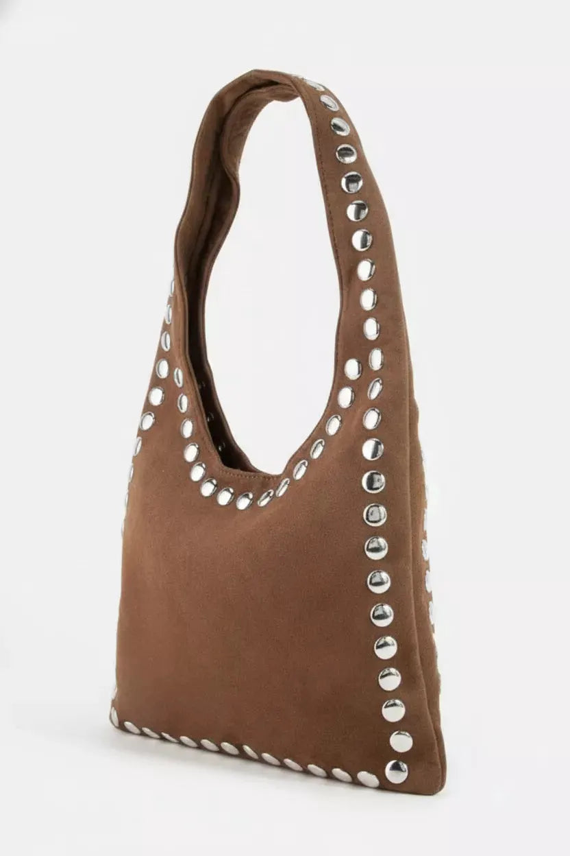 Fame Grommet Border Studded Suede Shoulder Bag by Partner Label