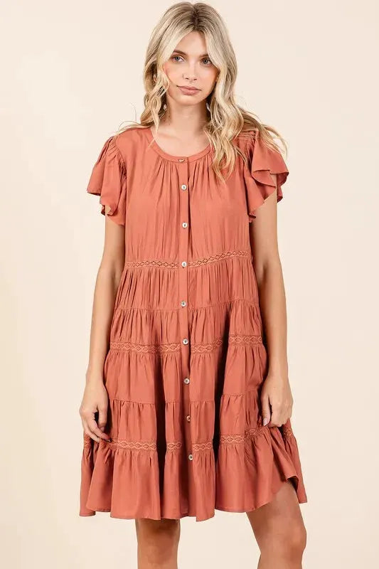 Mittoshop Lace Detail Ruffled Button Down Tiered Dress by Mittoshop