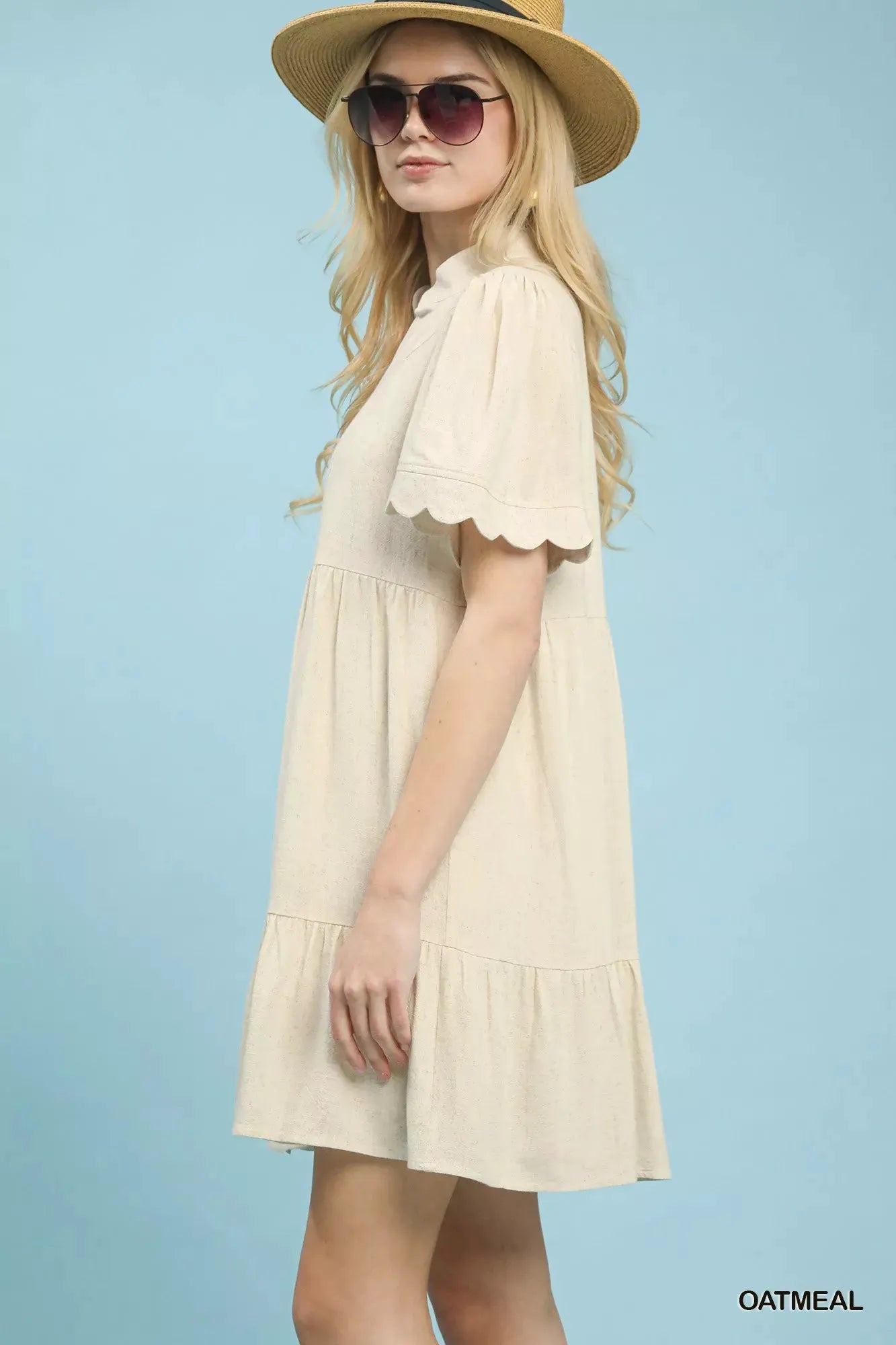 Umgee Linen Tiered Babydoll Dress with Scalloped Sleeves by Umgee