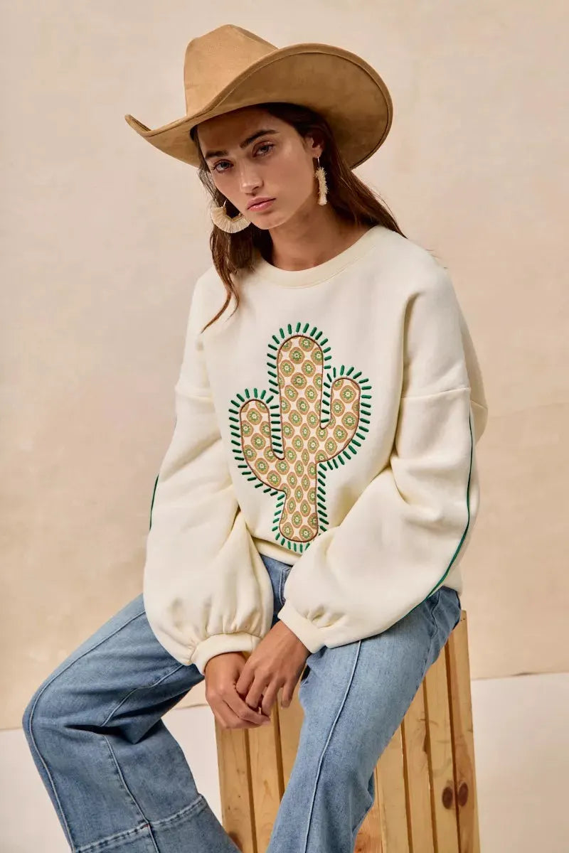 BiBi Cactus Embroidered Fleece Sweatshirt by BiBi