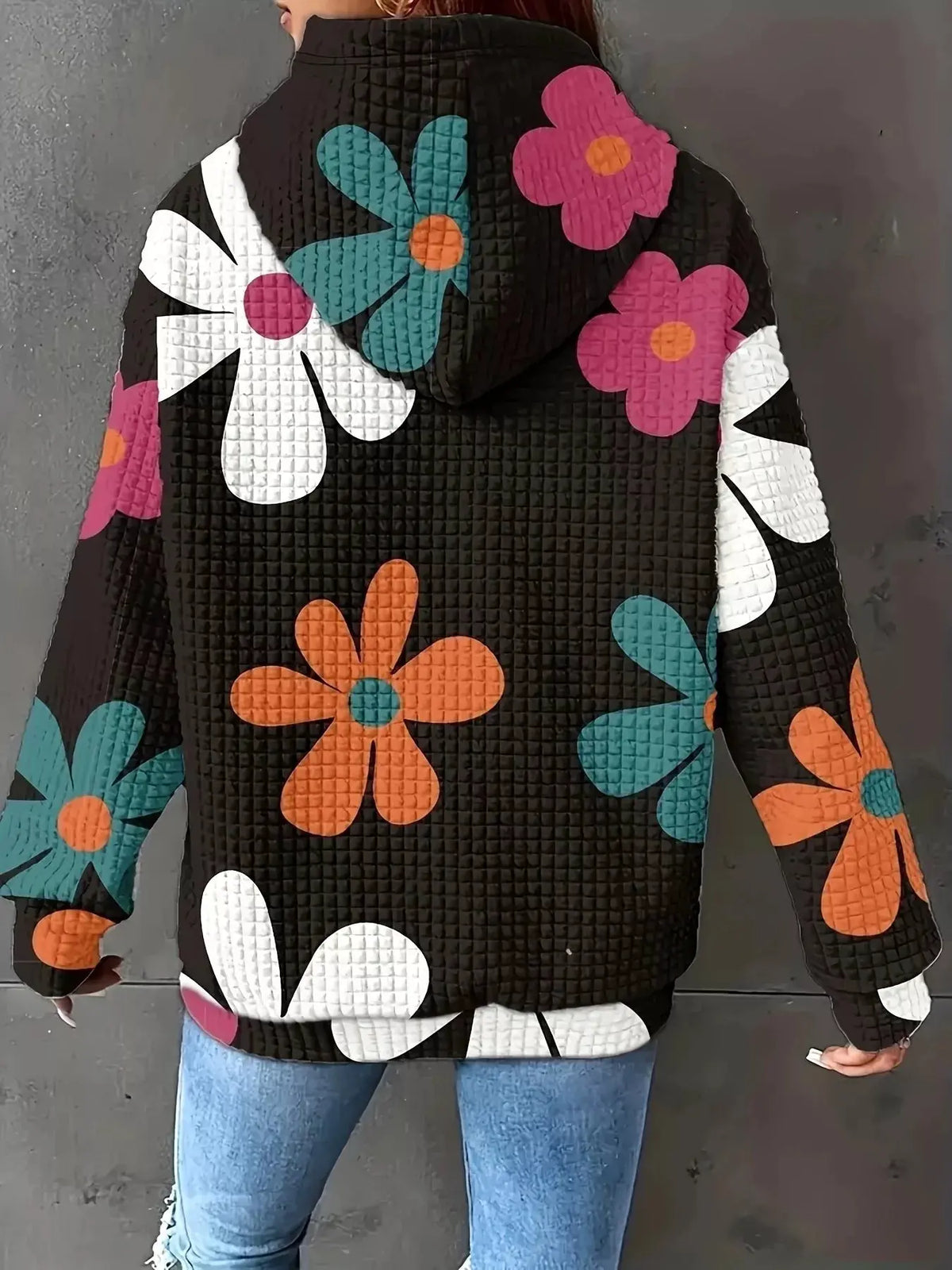 Floral Print Textured Drawstring Hoodie by Partner Label