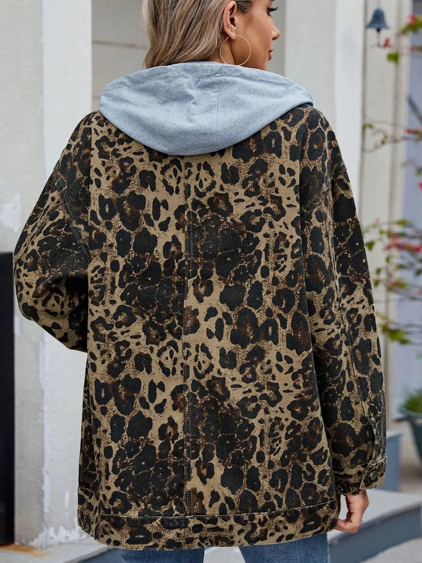 Oversized Button Up Denim Jacket with Hood by Partner Label