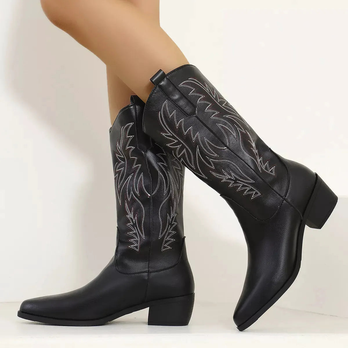 Embroidered Point Toe Block Heels Boots by Partner Label