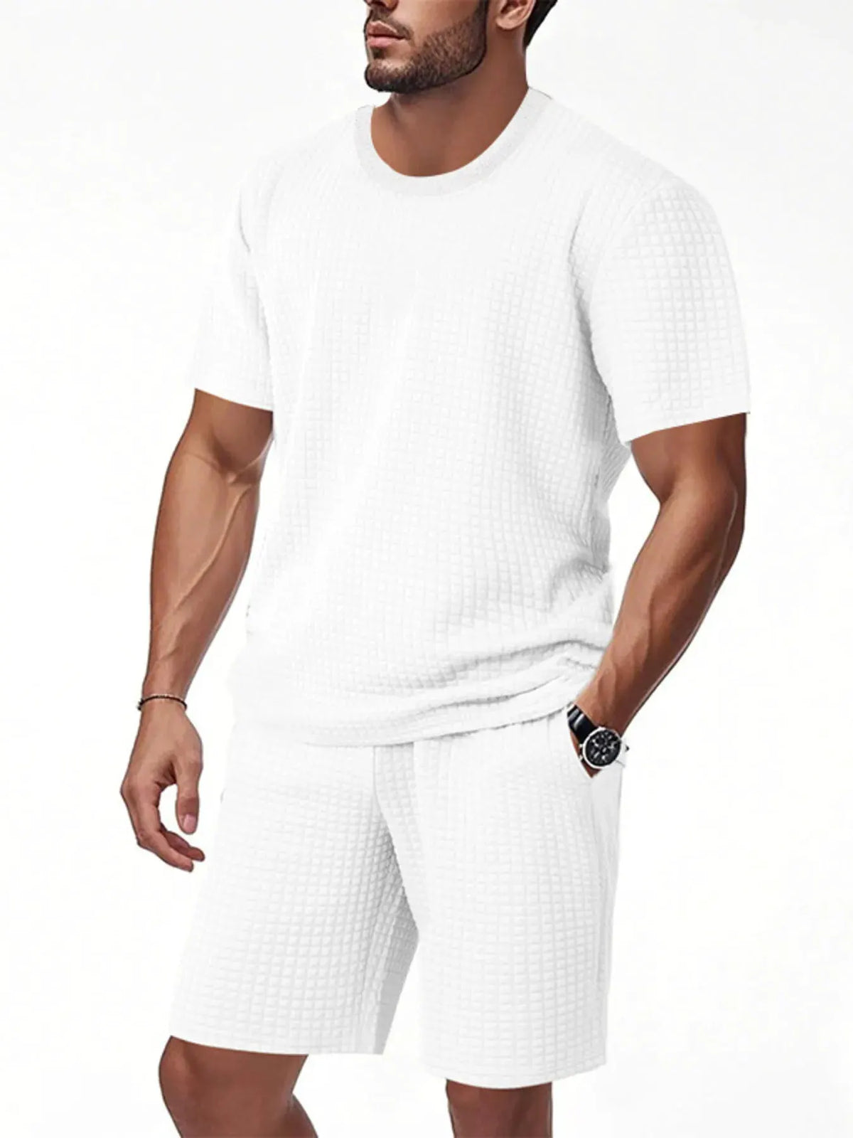 Men's Full Size Textured Round Neck Top and Shorts Set Plus SIze by Trendsi