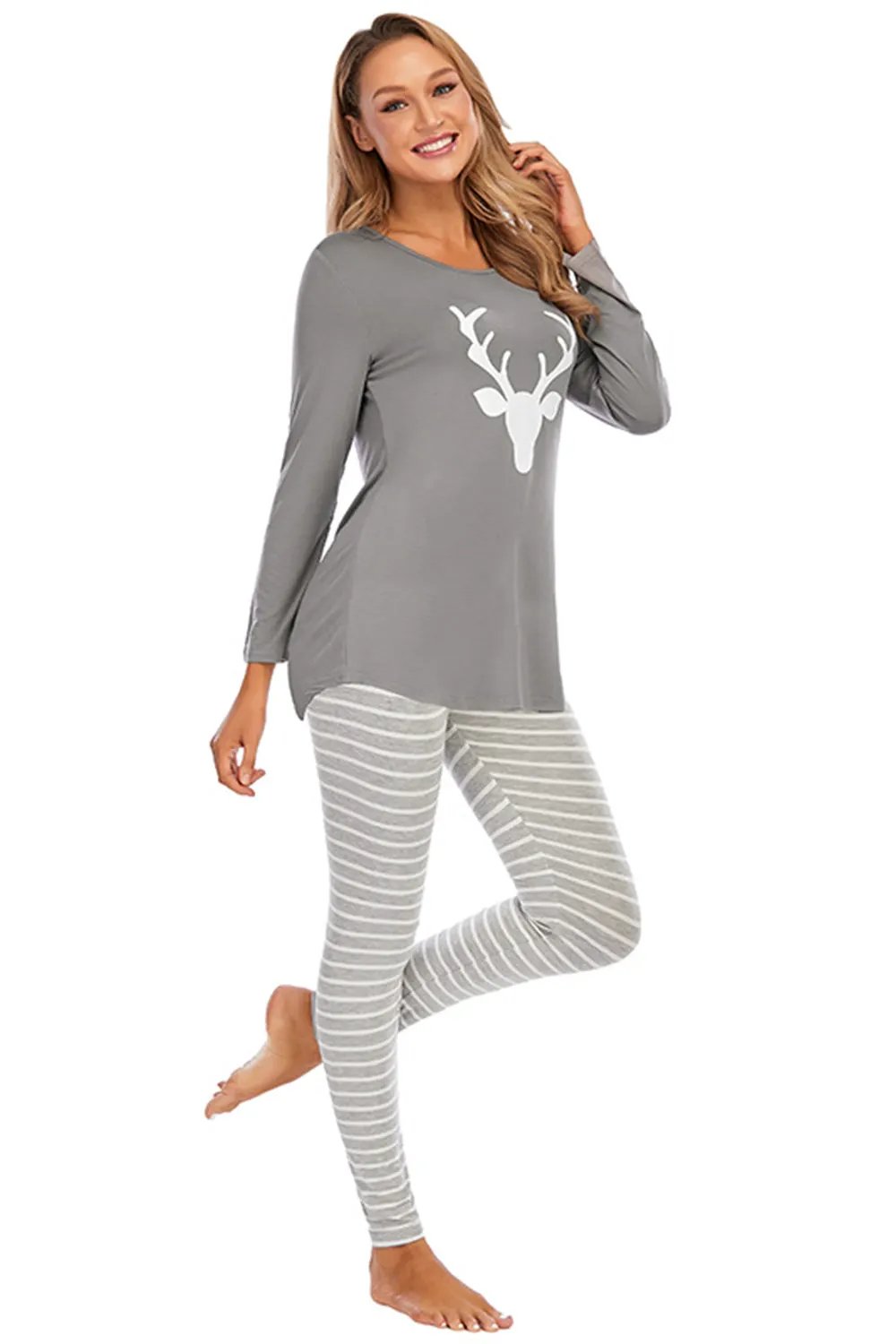 Graphic Round Neck Top and Striped Pants Set by Partner Label