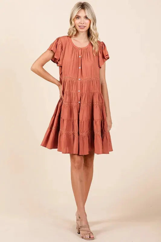 Mittoshop Lace Detail Ruffled Button Down Tiered Dress by Mittoshop