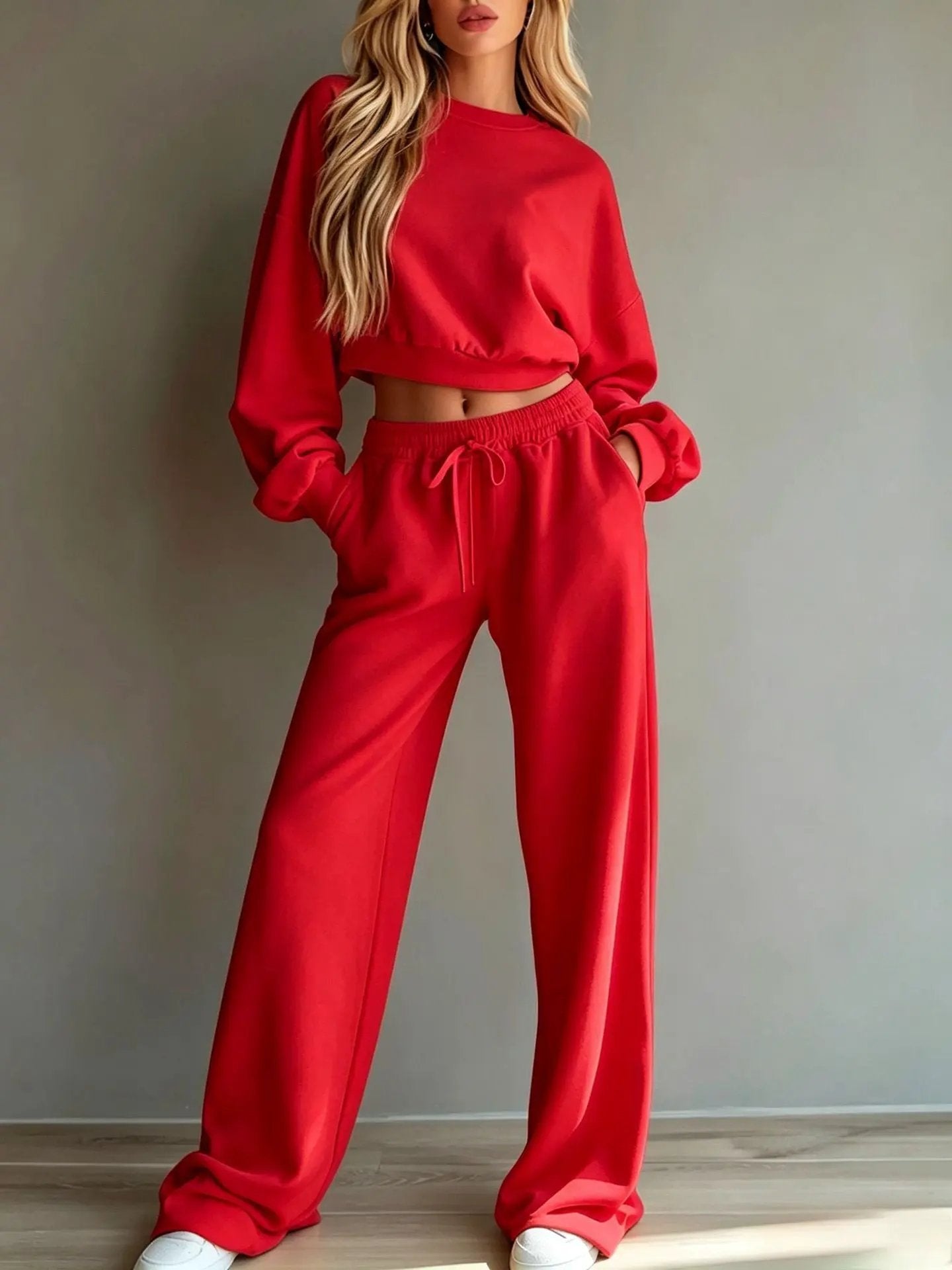 Womens Casual Short Hooded Sweatshirt And Wide-leg Pants Set by Maiden-Art