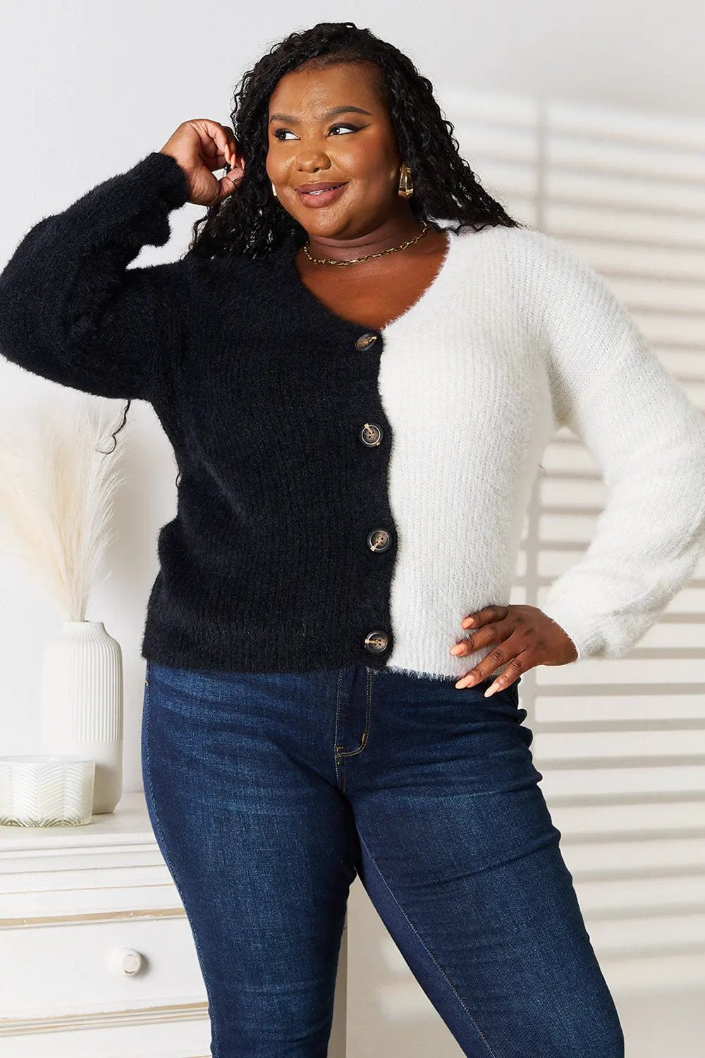 Angel Wings Woven Right Contrast Button-Front V-Neck Cardigan by Angel Wings