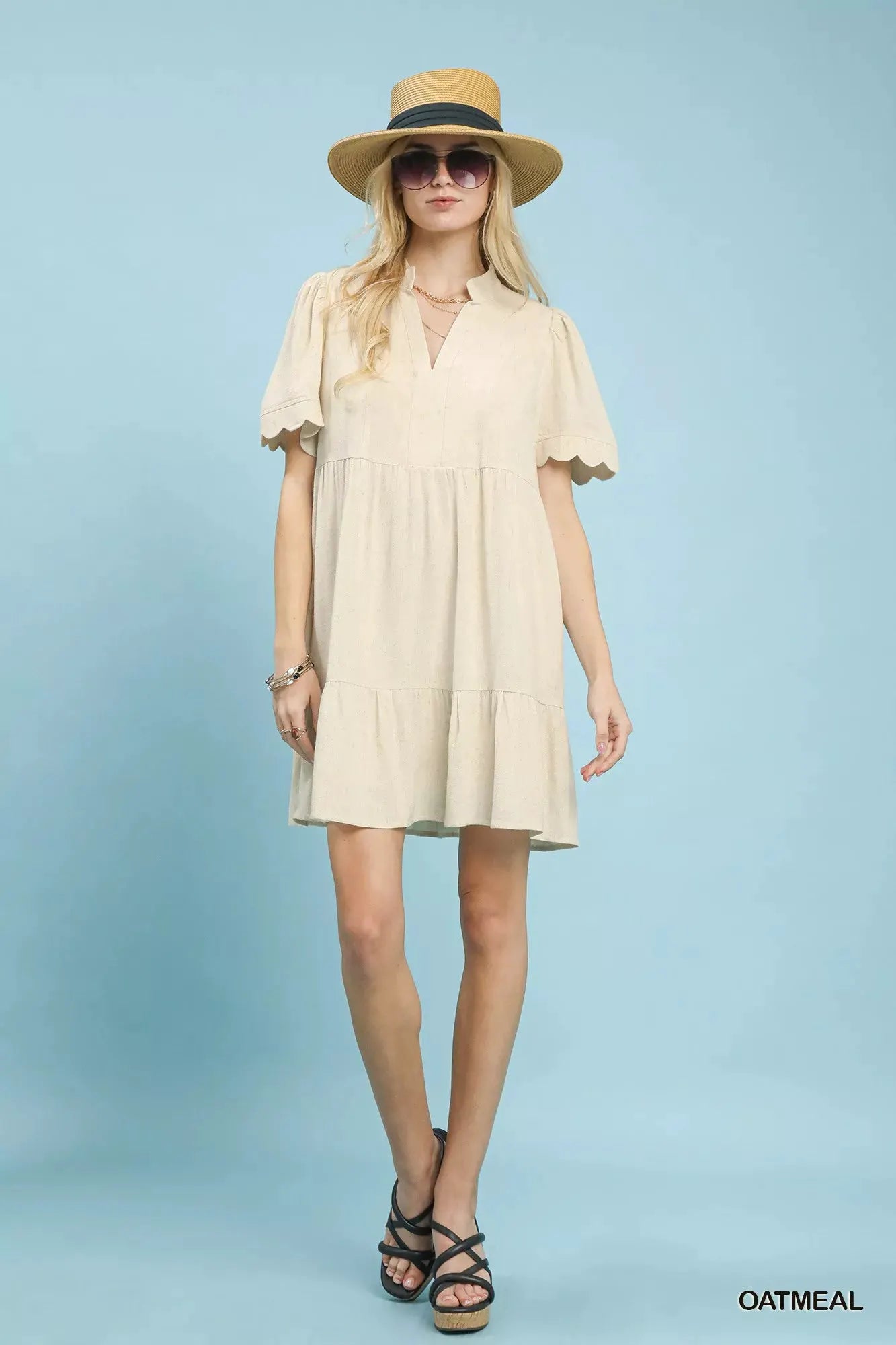 Umgee Linen Tiered Babydoll Dress with Scalloped Sleeves by Umgee