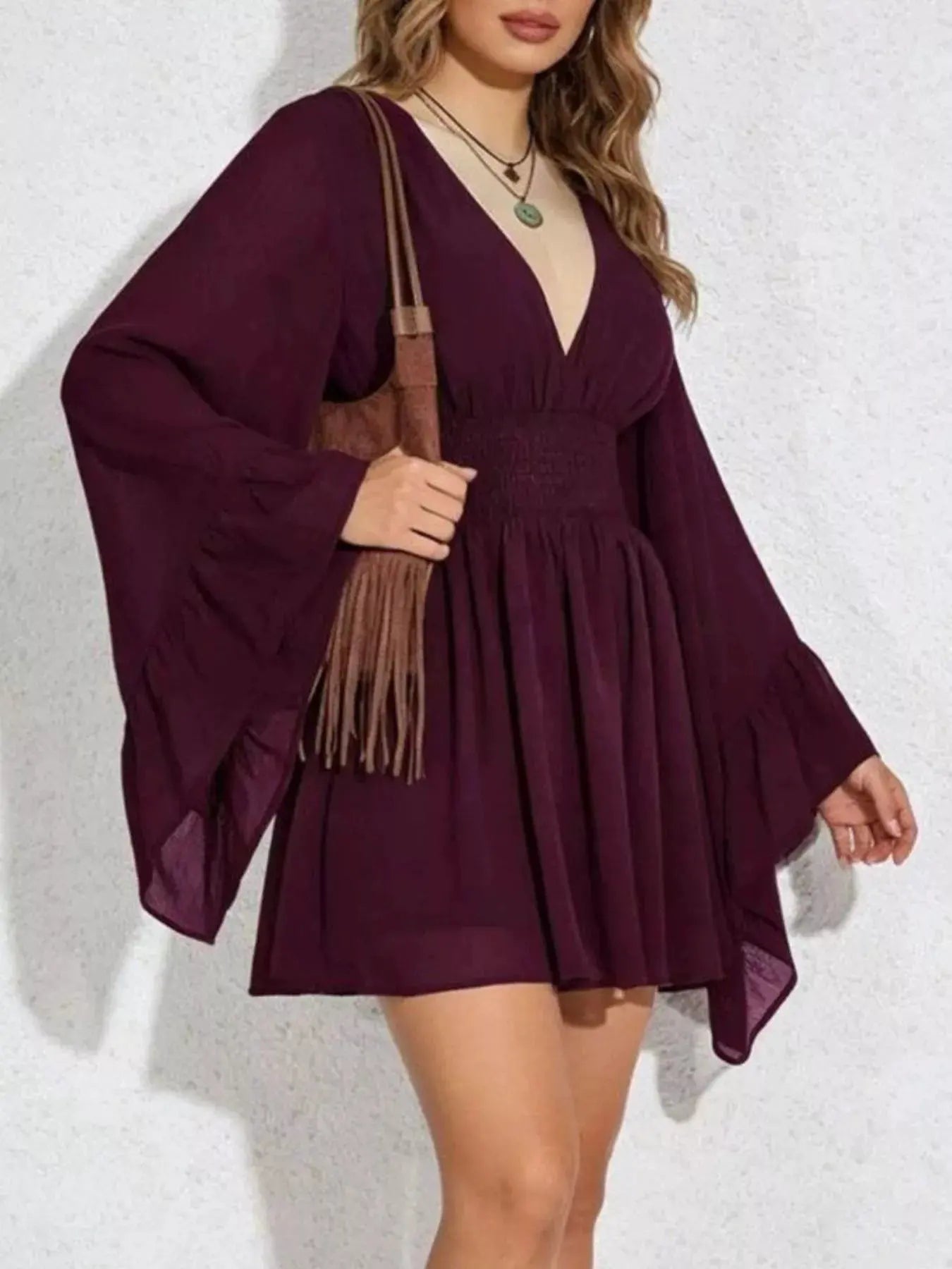 V-Neck Flowy Long Sleeve Mini Dress by Trendsi
