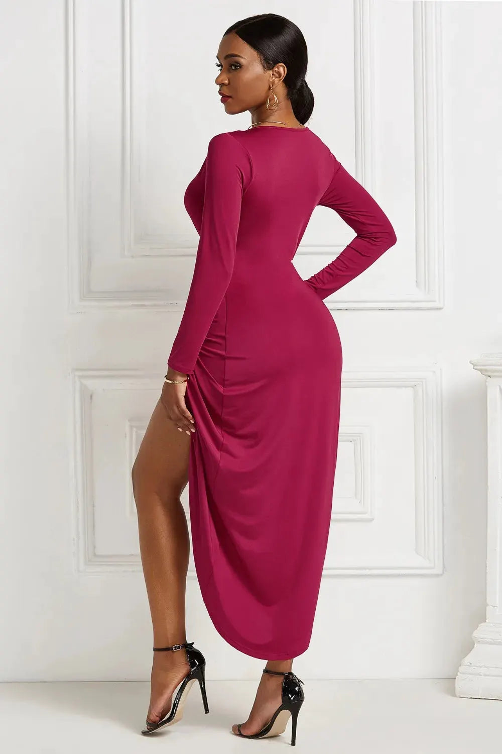 High-low Ruched Surplice Long Sleeve Dress by Partner Label