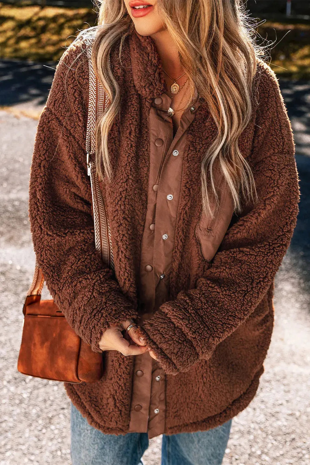 Fuzzy Snap Down Dropped Shoulder Jacket by Partner Label