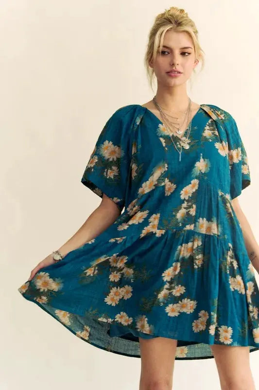 Davi & Dani Floral Print Short Bell Sleeve Pleated Mini Dress by Davi & Dani