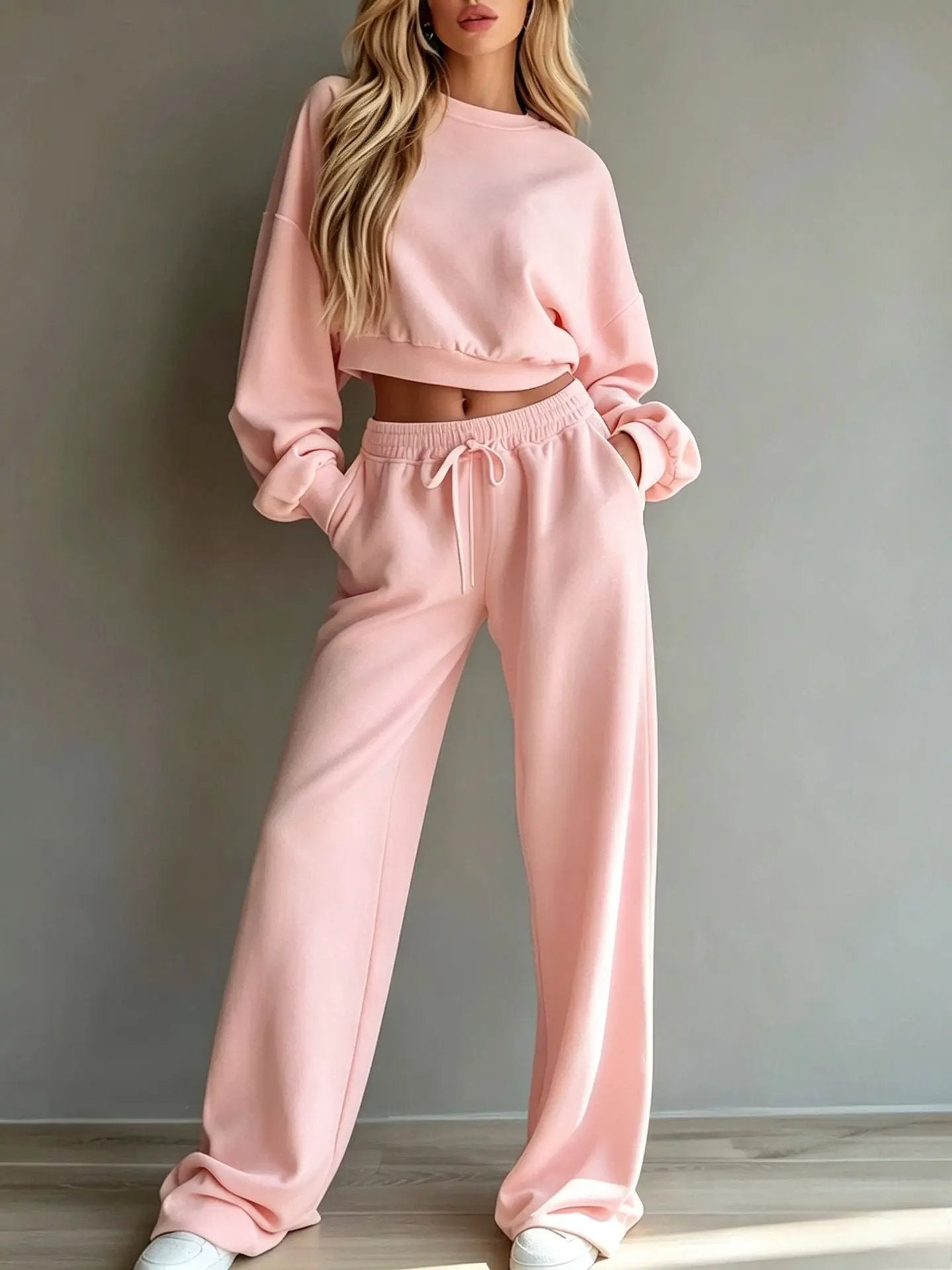 Womens Casual Short Hooded Sweatshirt And Wide-leg Pants Set by Maiden-Art