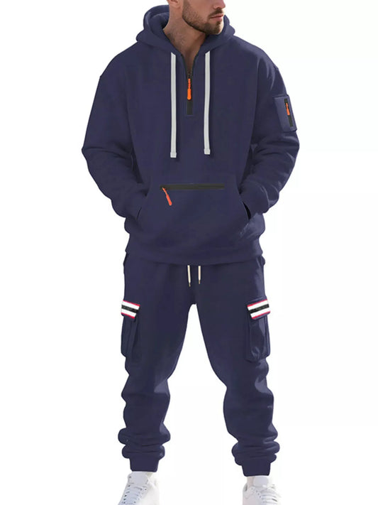 Men's Full Size Casual Half-Zip Hoodie and Cargo Pants Set Plus Size by Trendsi