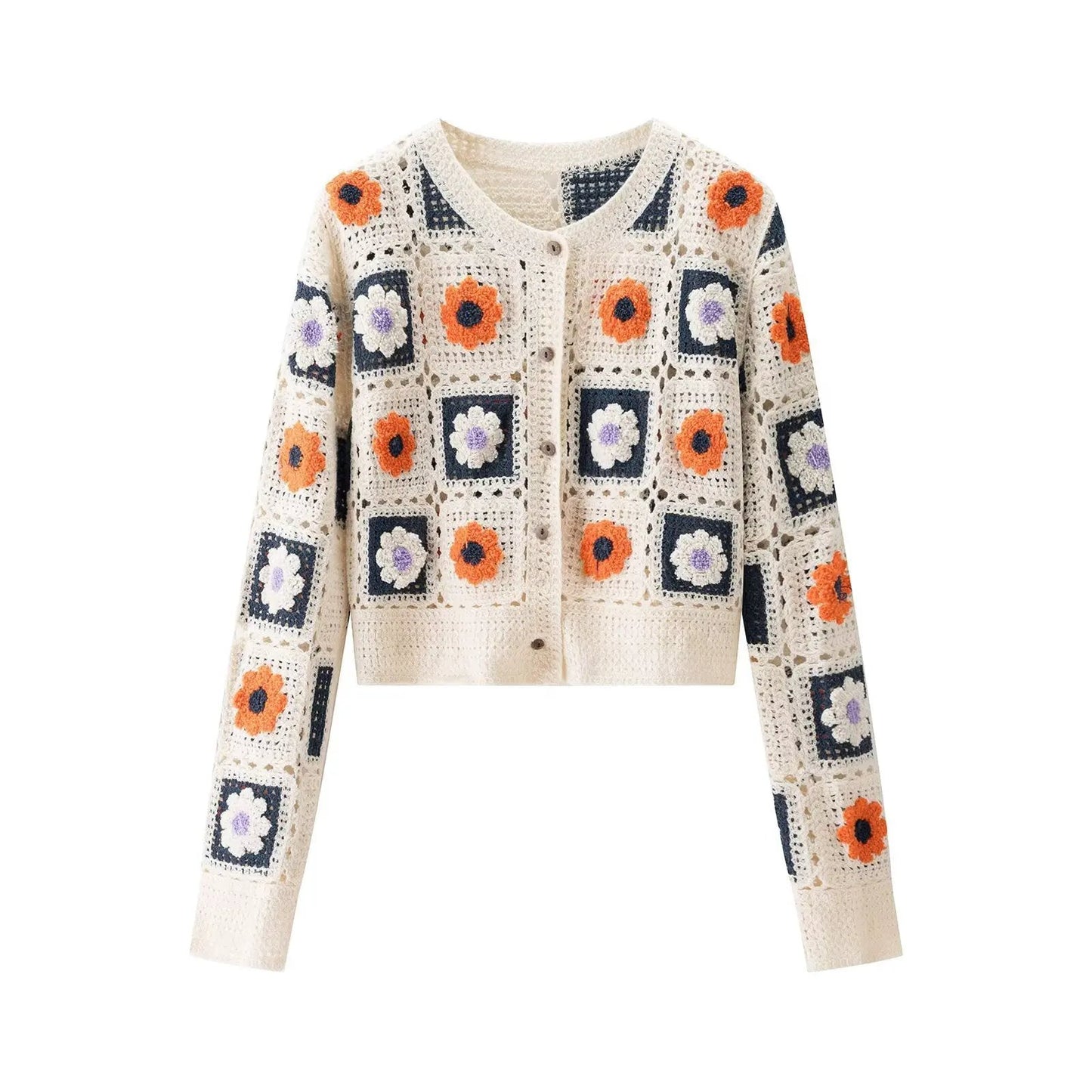Women's Cardigan Cream Crochet Floral BYMANYC ® New York SOHO FLORAL GRANNY SQUARE CROCHET CARDIGAN - New Collection by BYMANYC ® New York