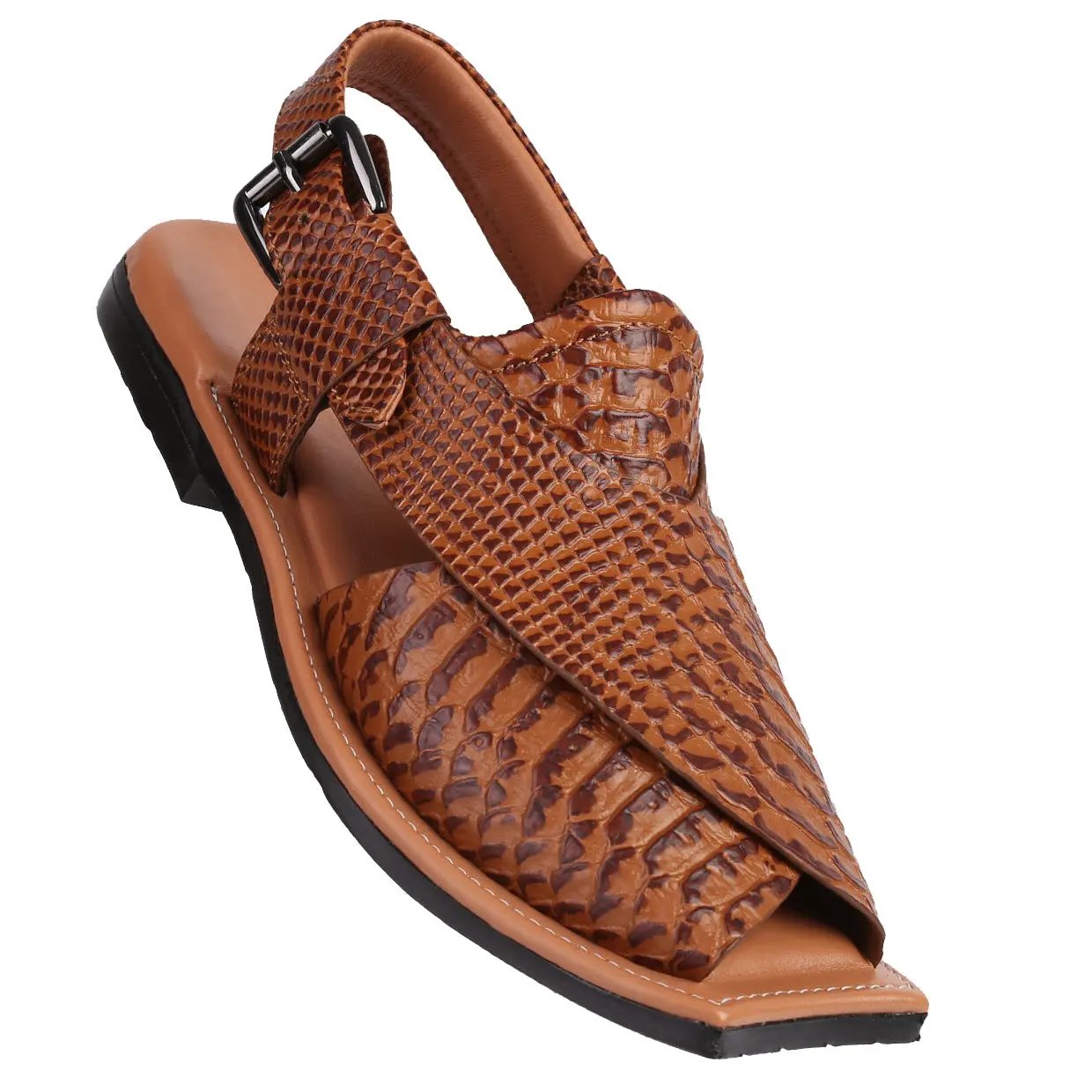 Eddie Men's Real Cow Leather Snake Print Peshawari Chappal Tan by Inland Leather