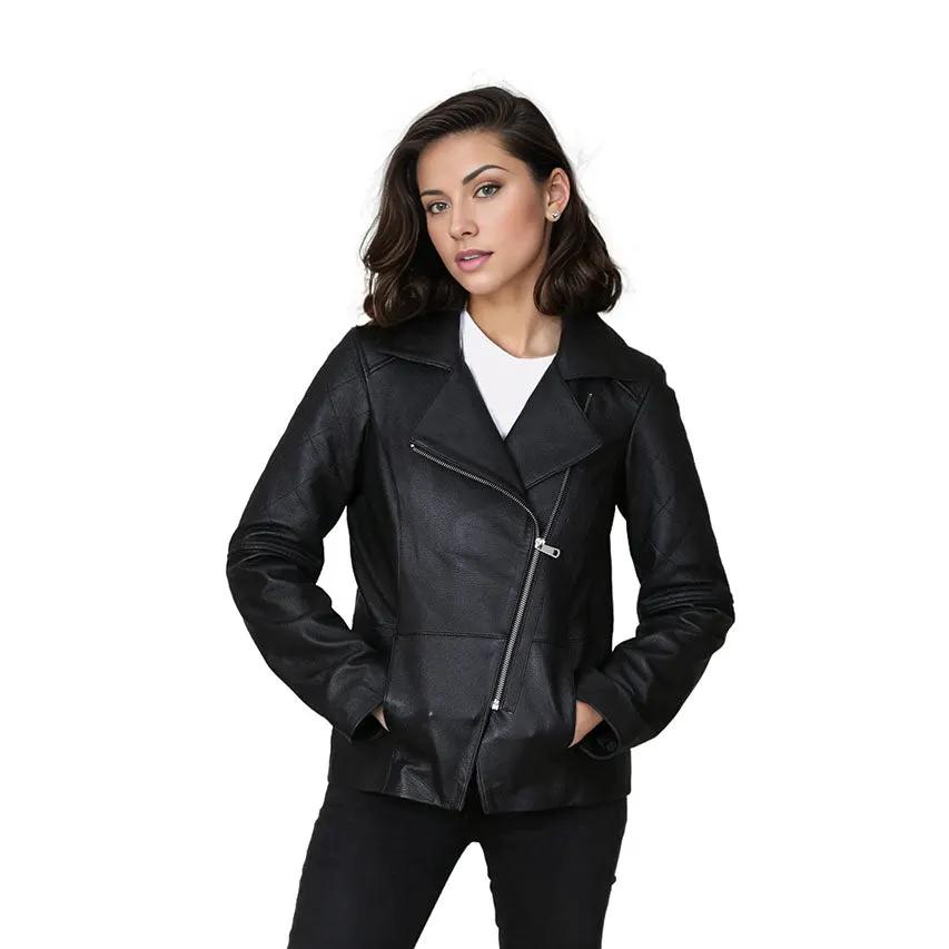 Freya Women's Real Leather Cross Zip Biker Jacket Black by Inland Leather Co.