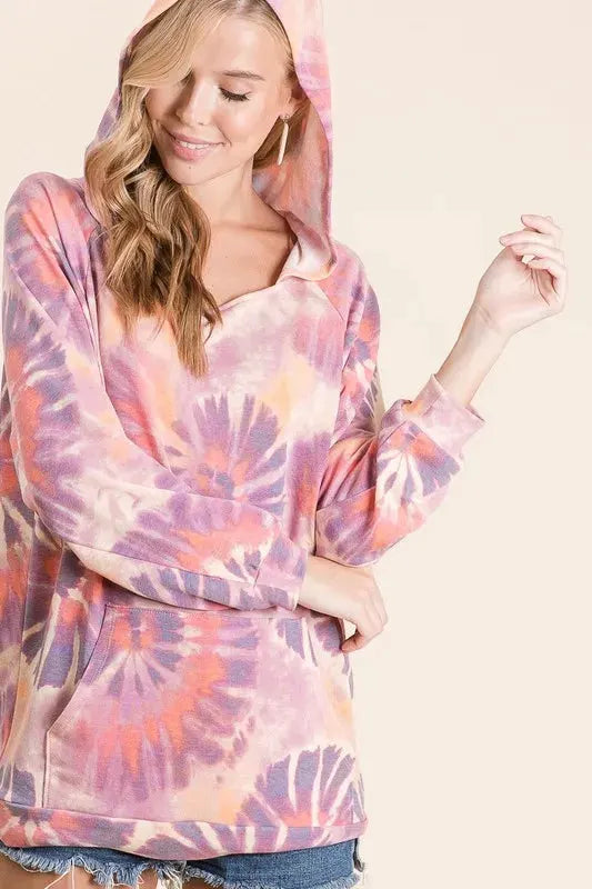BiBi Circular Tie Dye Print Terry Hoodie with Kangaroo by BiBi