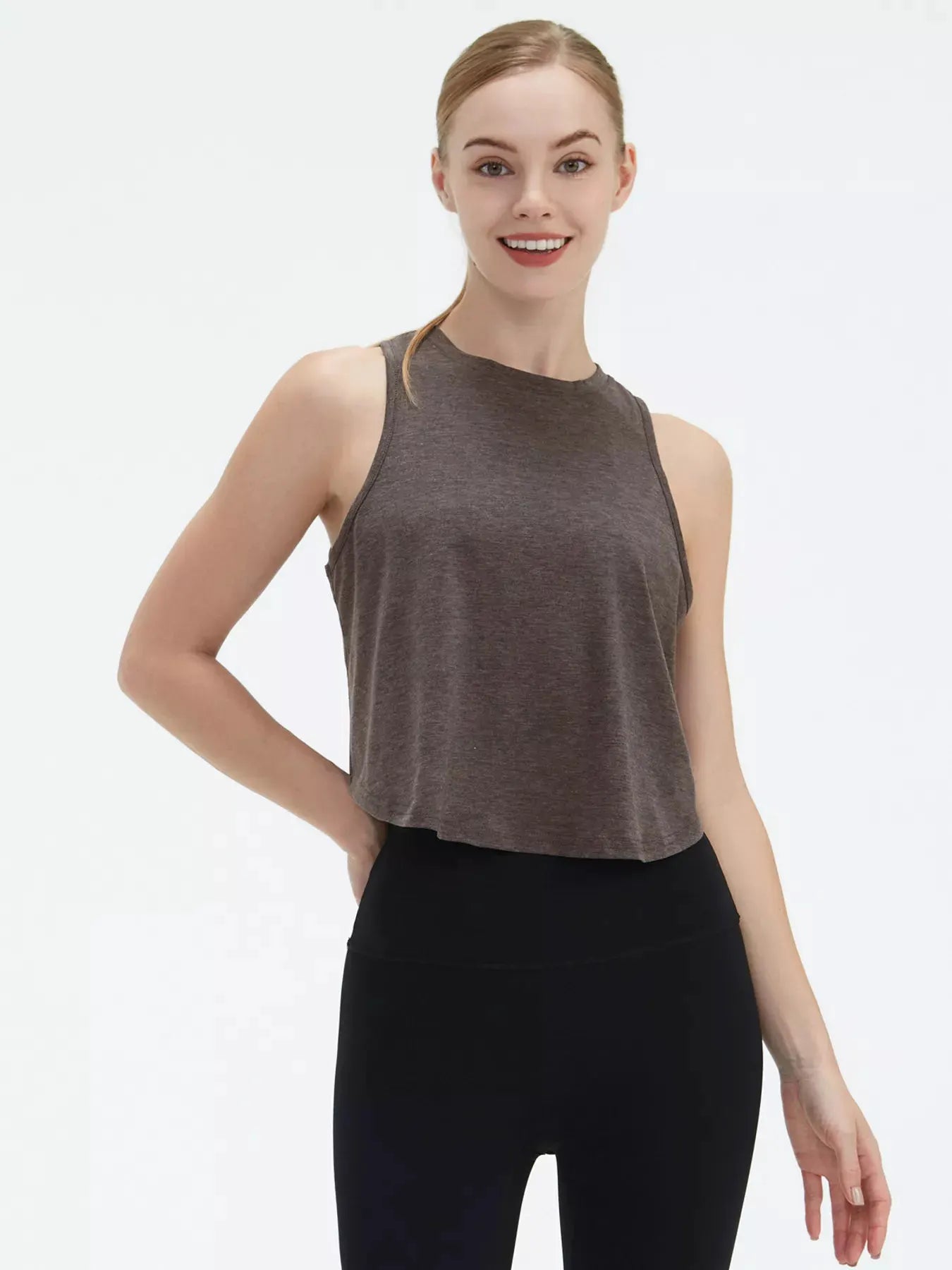 Cutout Back Round Neck Active Tank by Trendsi