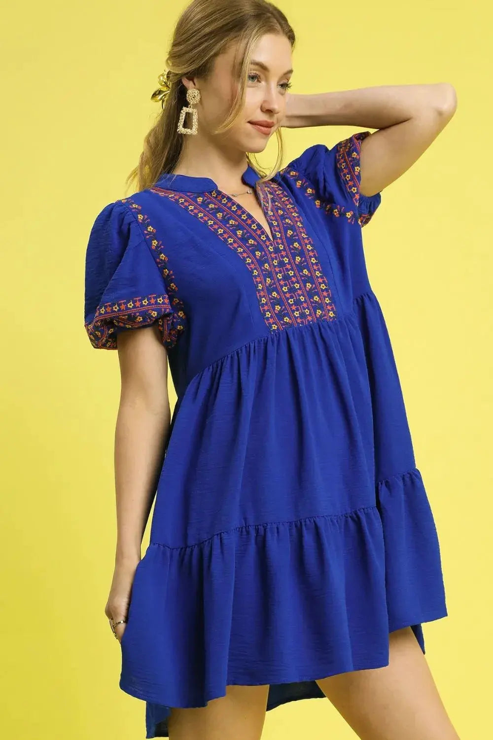 Umgee Floral Trim Puff Sleeve Mini Dress by Umgee USA