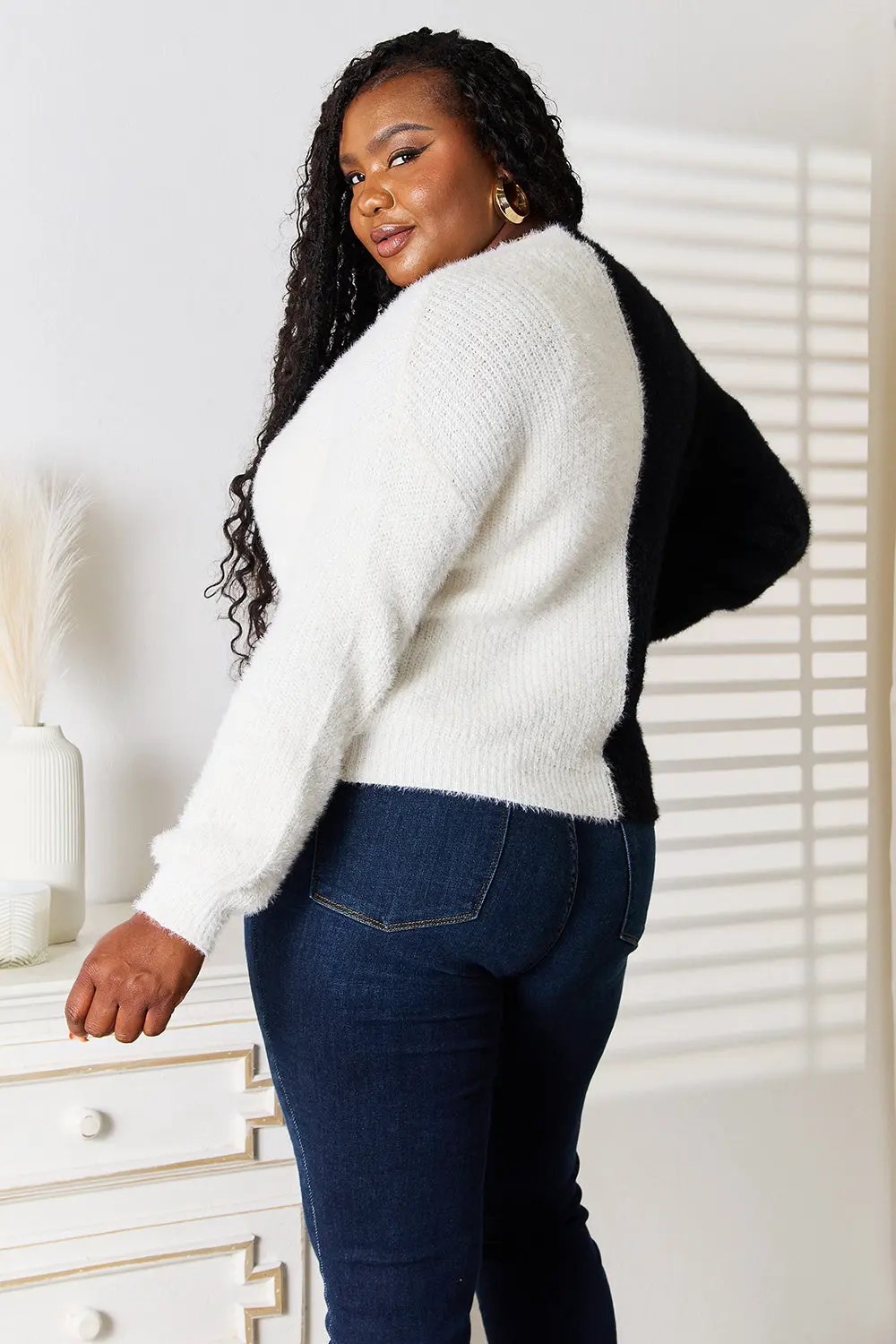 Angel Wings Woven Right Contrast Button-Front V-Neck Cardigan by Angel Wings