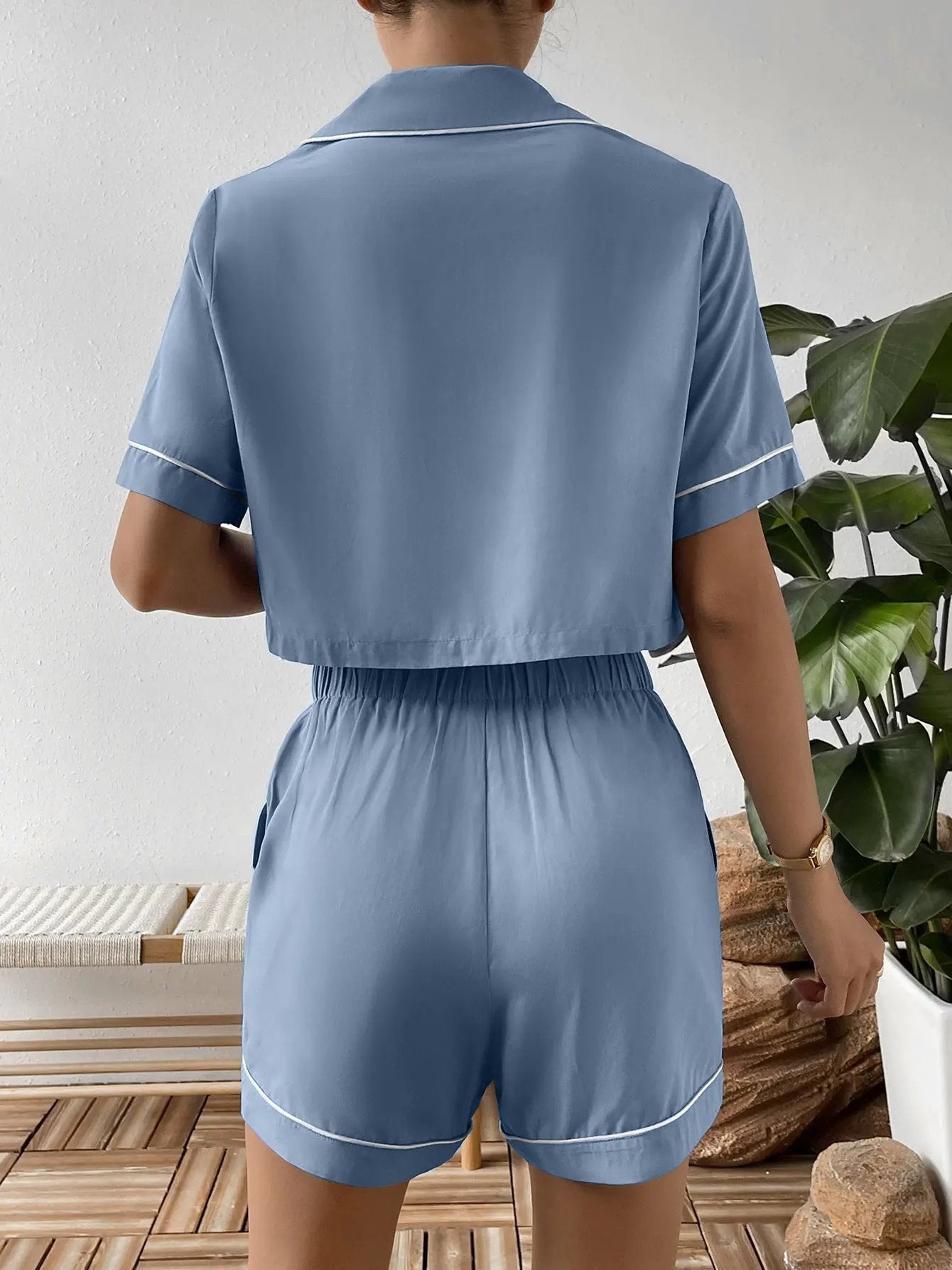 Ivy Lane Contrast Lapel Collar Cropped Shirt and Shorts Lounge Set by Ivy Lane